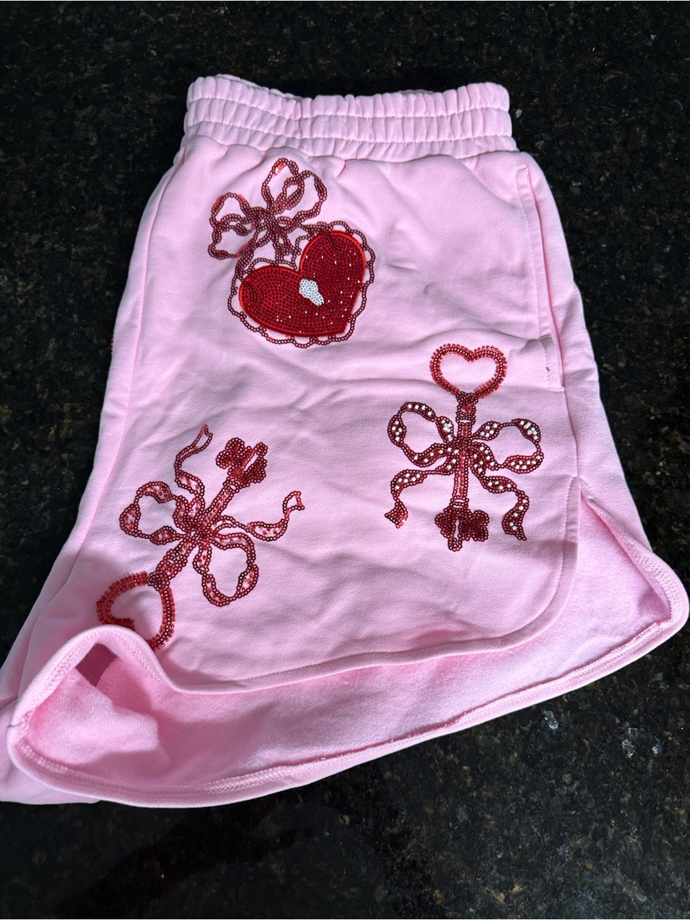 QUEEN OF SPARKLES  Pink & Red Heart Lock & Key Shorts XL Pink  Sequins